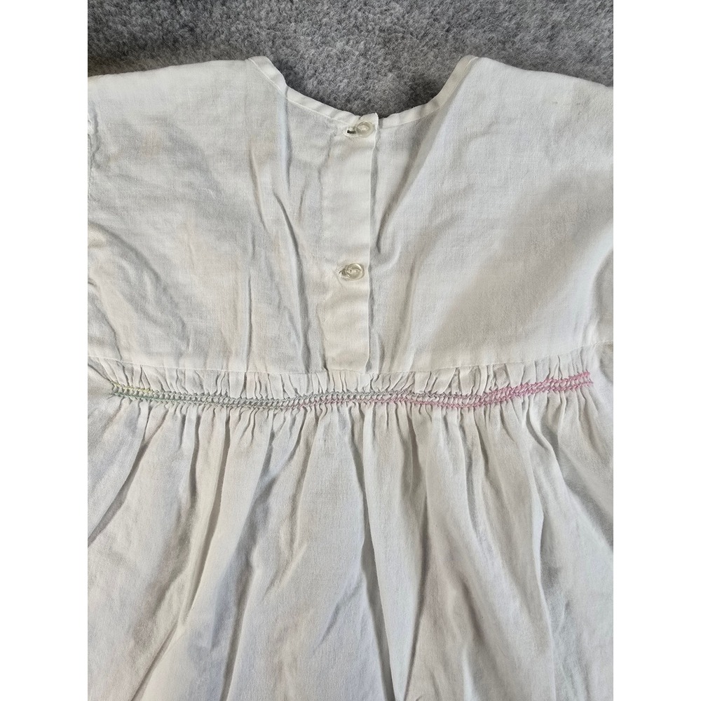 Vintage Hand Smocked Baby Dress White Cotton Pastel Embroidery Short Sleeve 3-6m - Picture 9 of 9